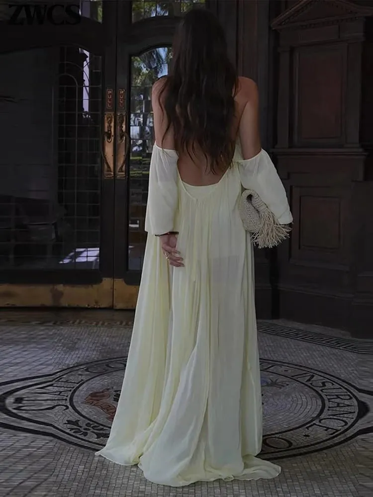 Sexy Halter Backless Party Gowns Women's Yellow Big Hem Off-shoulder Long Dresses 2026 Spring New Ladies Loose Beach Robes