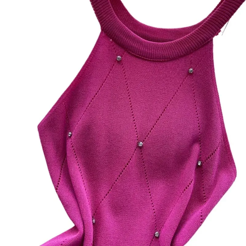 Women's Pink Halter Neck Sleeveless Rhinestone Sundress Knit Stretchy Ribbed Bodycon Mini Dress Summer Party Cocktail Dress — image 6