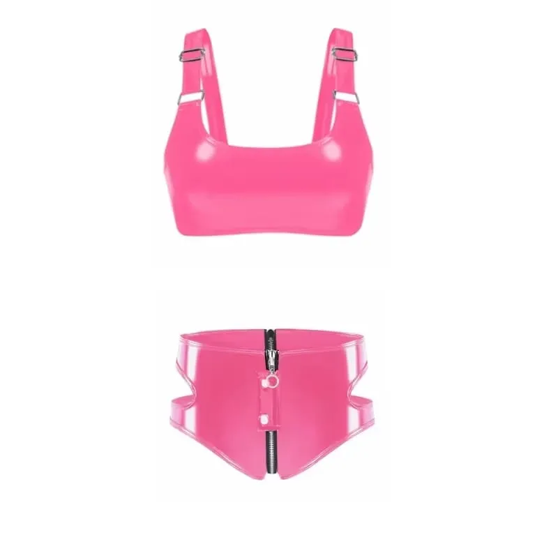 Women's Wet Look PVC Faux Leather Bra Lingerie Set Wire-Free Unlined Bralette Punk Zipper Crotch Briefs Clubwear New