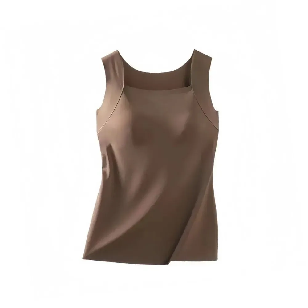 Built-in Bra Seamless Camisole Fixed Cup Solid Color Thermal Vest Stretchy U Neck Bottoming Underwear Multi-layer Wear