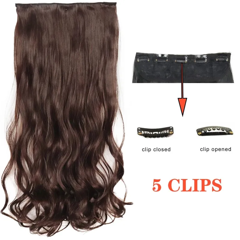 Synthetic Long Wave 5 Clips Hair Extensions Clips in High Temperature Fiber Black Brown Hairpiece