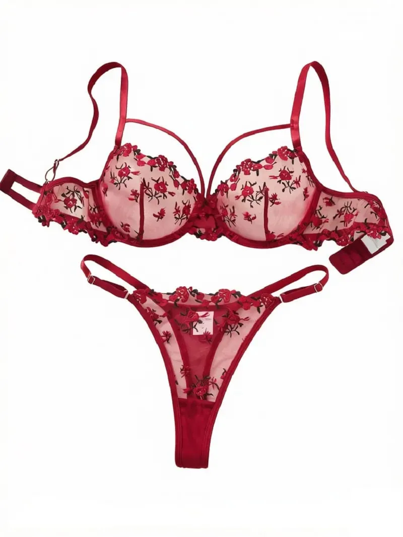 Vintage Wine Red Floral Lace Lingerie Set Thin Double Straps Sheer Transparent Mesh Bra Adjustable Briefs Boudoir — image 1