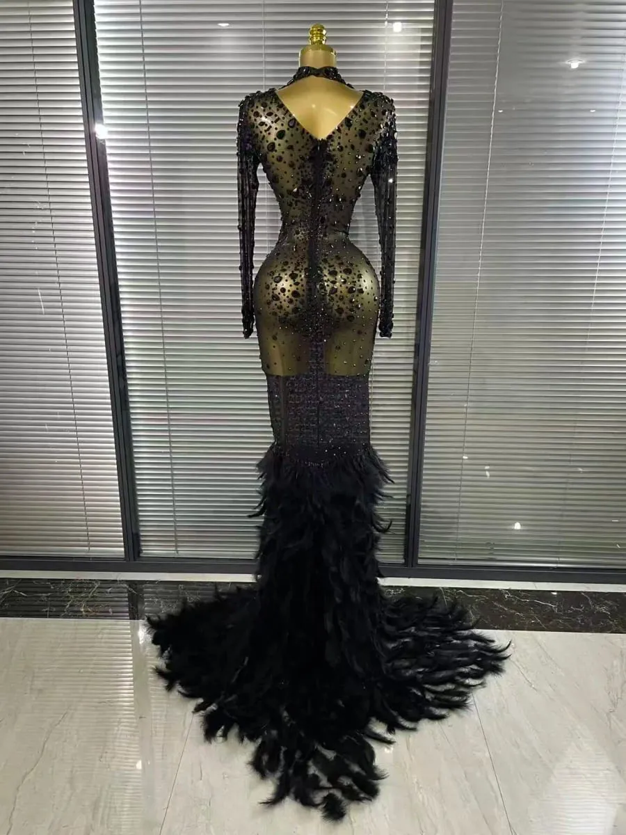 Black Red Women Long Sleeve Sexy Sparkly Crystal Mesh See Through Feathers Floor-length Mermaid Dress Evening Party Prom Outfit — image 6