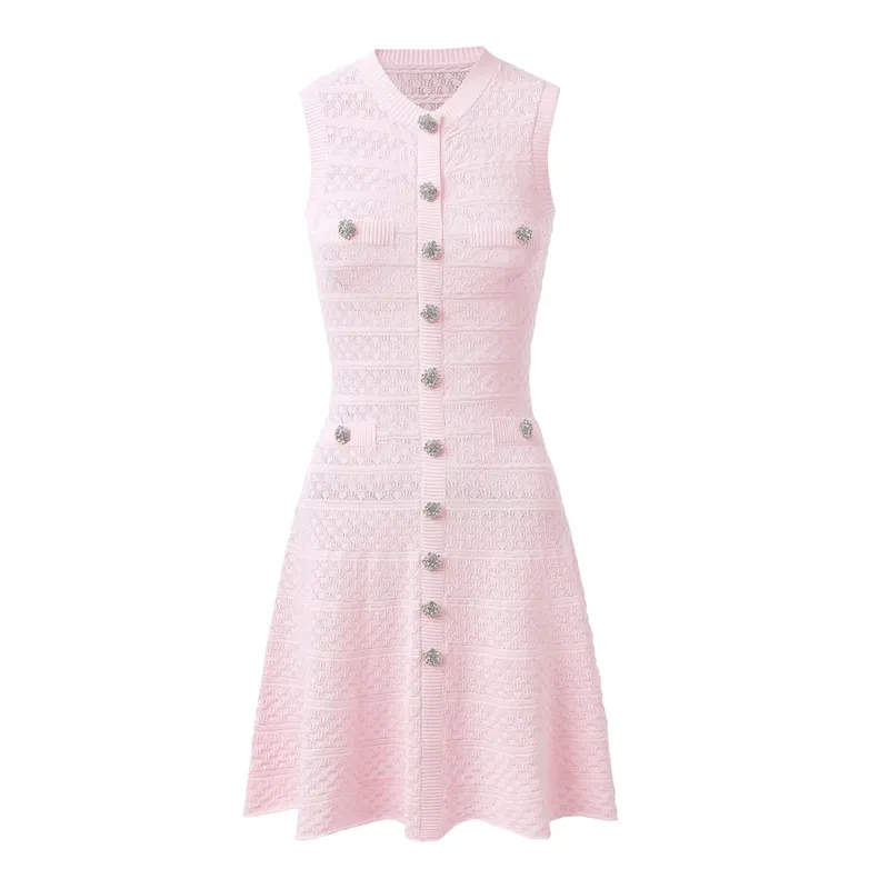 New Summer Women's Sleeveless Knit Dress Elegant Sweet Pink Casual Party Mini Short Dresses Female Knitwears with Buttons