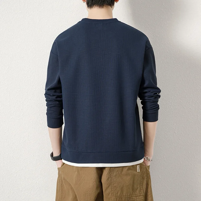 Loose for Fit Plaid Sweatshirt for Men with Long Sleeves Round Neck and Fake Two-Piece Visual Design for Everyday Use — image 10