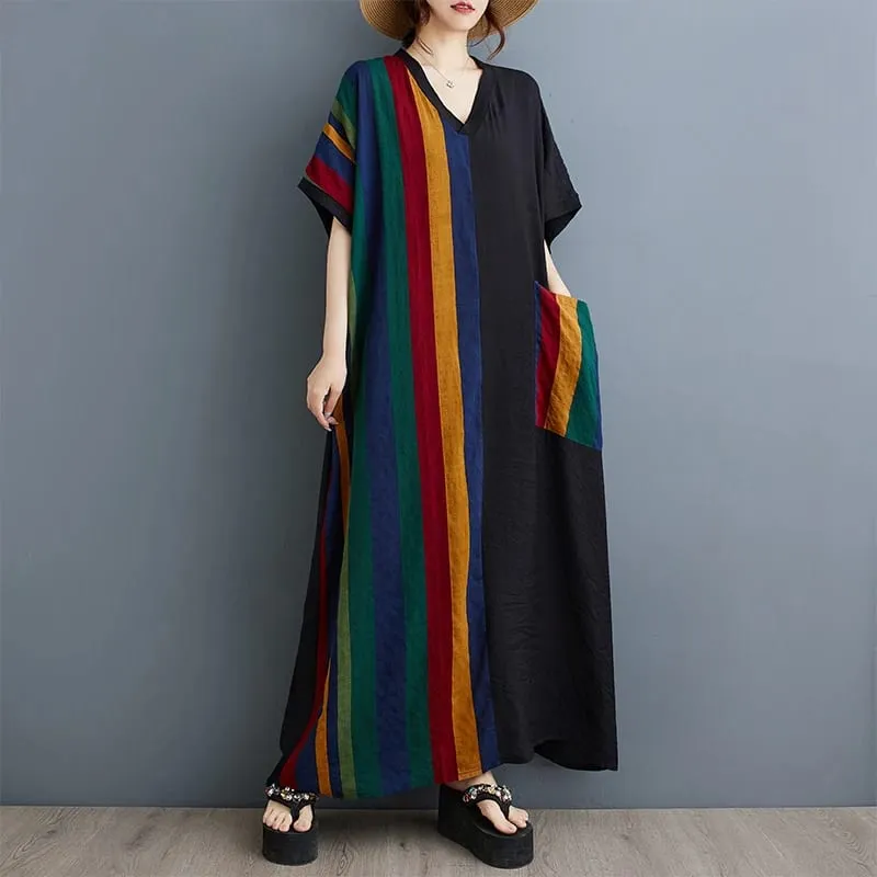 Long V-Ne ort Sve Printed Slimming Cotton Linen Dr Color Blo Casual Loose Fit Summer Faion plus Size Women