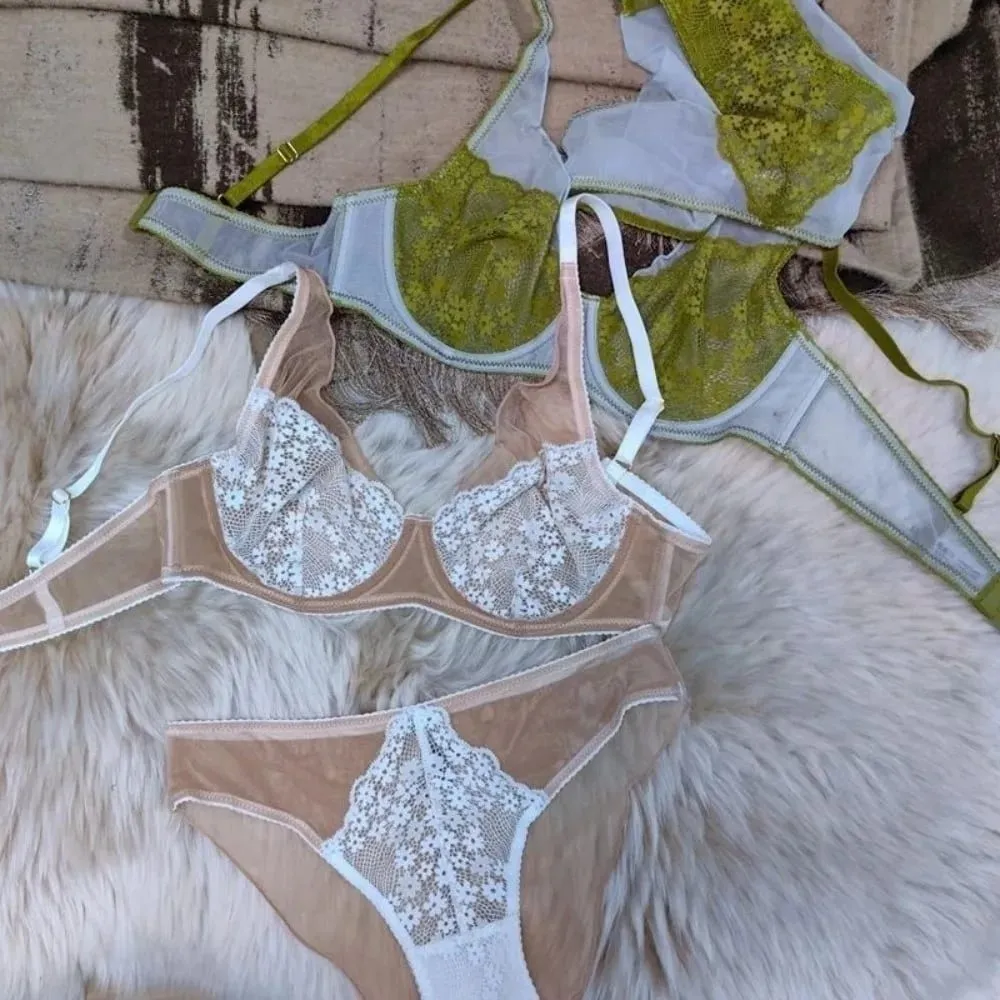 Sweet Mesh Lace Flower Bra Set Brassiere Underwear Mesh Bra Panties Kit Lingerie Thin Lace Floral Underpants Girl