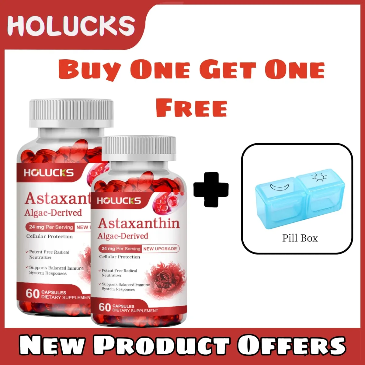 Buy 1 Get 1 Free! Astaxanthin 24mg Supplement for Skin & Eye Health Anti-Aging & UV Defense Reduces Eye Fatigue Non-GMO