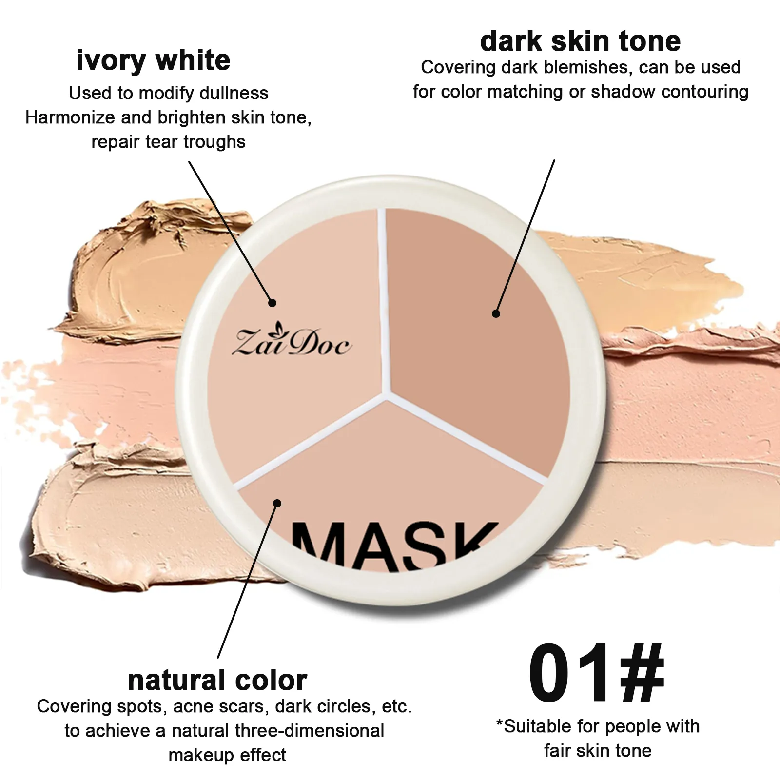 ZaiDoc 3 Colors Concealer Palette Full Coverage Long Lasting Cream Corrector for Acne Dark Circles Eye Bags Natural Makeup 15g Each