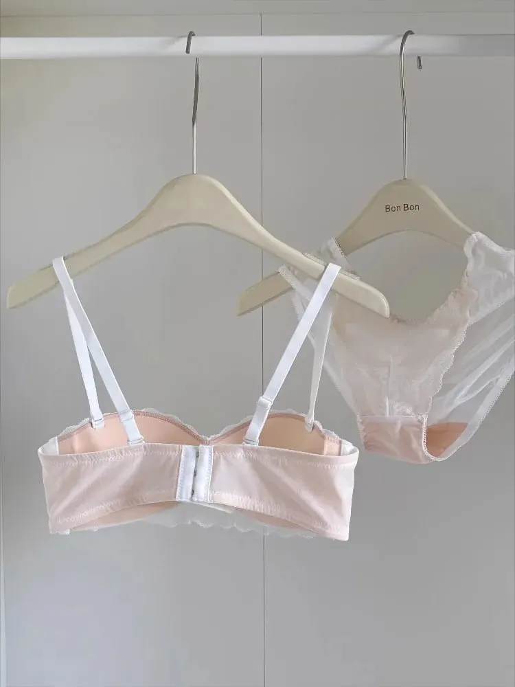 French Lace Half Cup Bra Set Wireless Push Up Small Breast Enhance Lift Anti Sagging Comfort Sexy Lingerie Set for Women