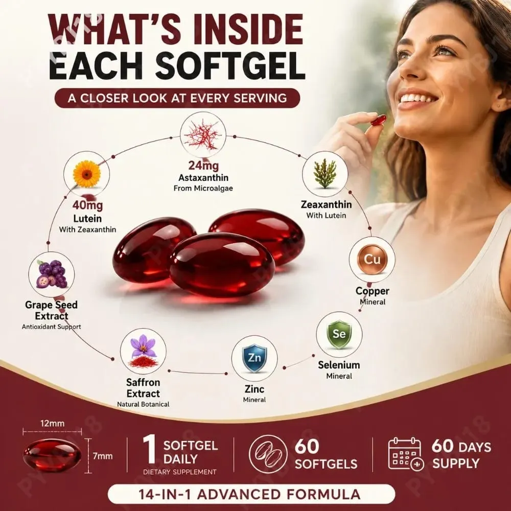 Triple Strength Eye Supplement Lutein Astaxanthin Zeaxanthin Vision Support for Screen Glare & Digital Eye Strain 60 Softgels