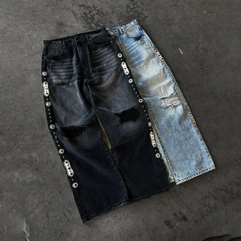 Gothic Diamond Punk Hip Hop Men's Slim Jeans Damaged Destroyed Hole Baggy Denim Long Trouser Pants Y2k Streetwear Ripped Jeans — image 2