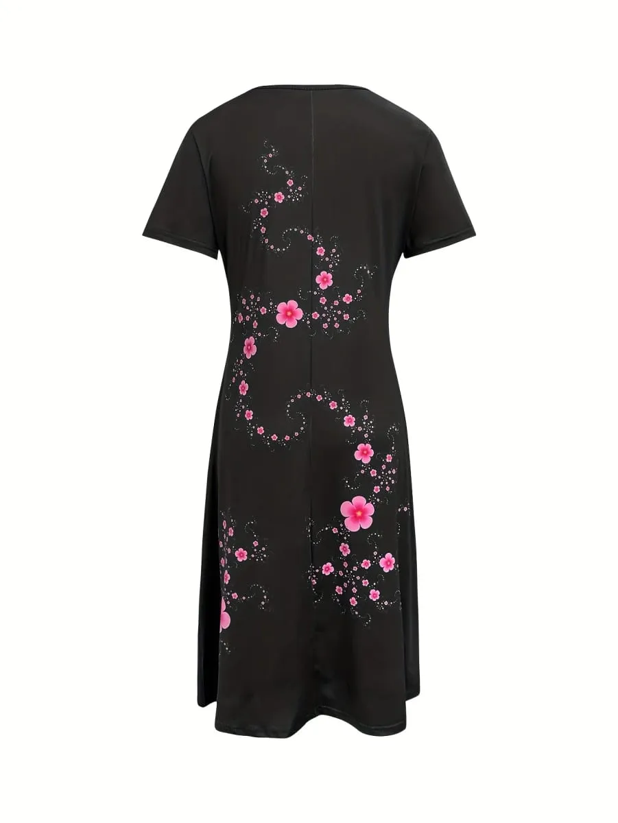 Women's Elegant Casual Floral Print Dress Black with Pink Flowers Dresses Woman Summer Women's Short -Sleeved Y2k Ladies Clothes