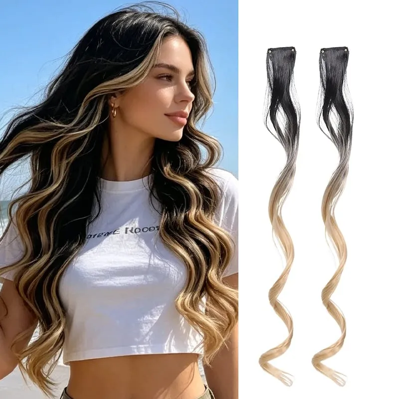 Gradient Wave Clip - in Hair Extensions 2pcs Synthetic Fiber Color - Blocked Tassel Ear - Side Dyeing for Daily Party Cosplay