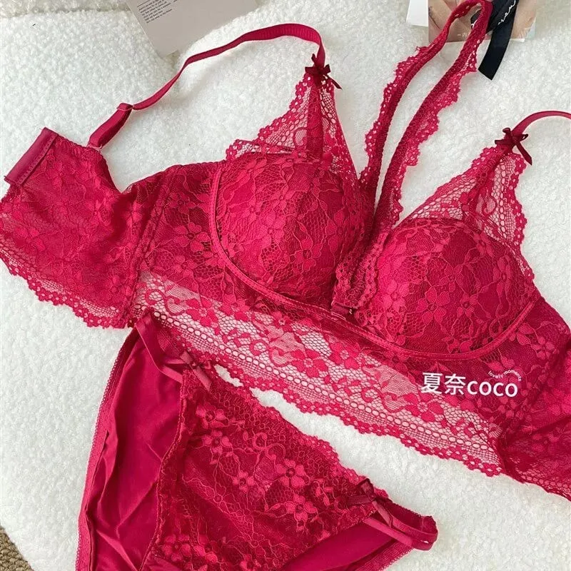 French Lace Wide Strap Thick Top Inner Lace Layer No Underwire Bra Set Petite Women Small Bust Comfort Lingerie Set 32-38 S-XL