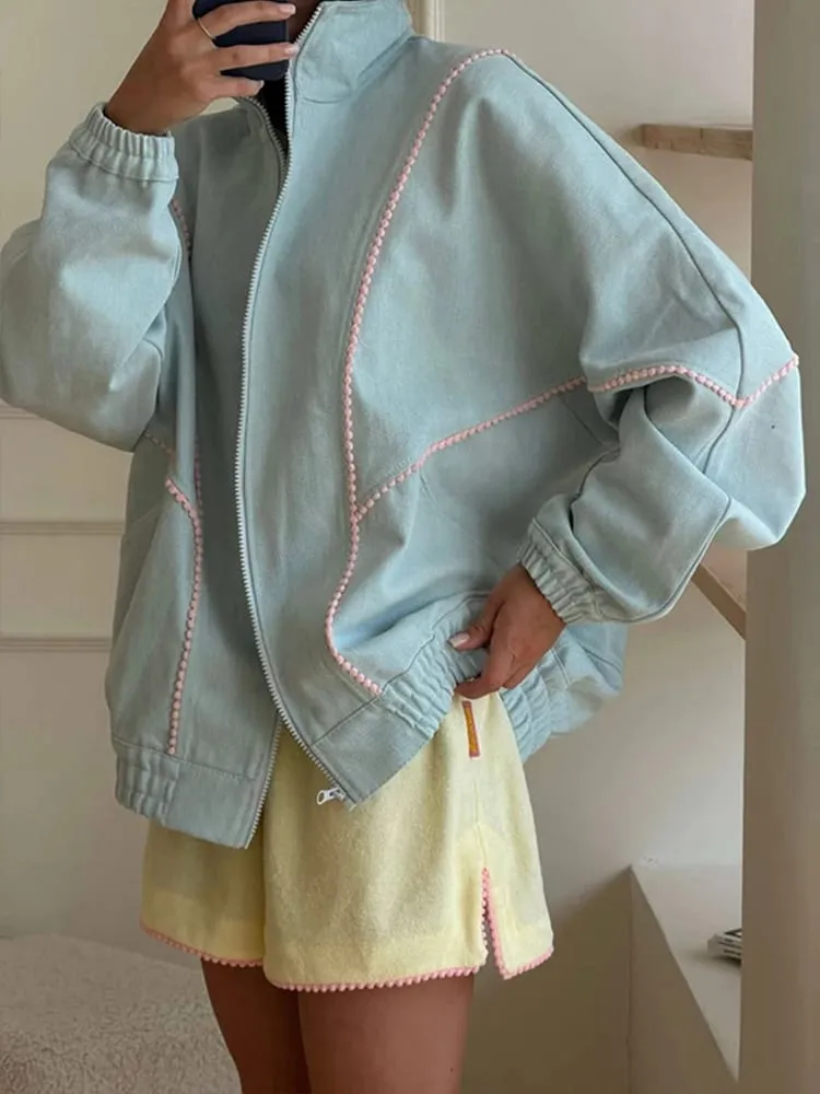 Polka Dot Cropped Windbreaker Jacket Contrast Pink Seam Piping Side Pockets Loose Outerwear 2026 Autumn Street Daily Lady Coat
