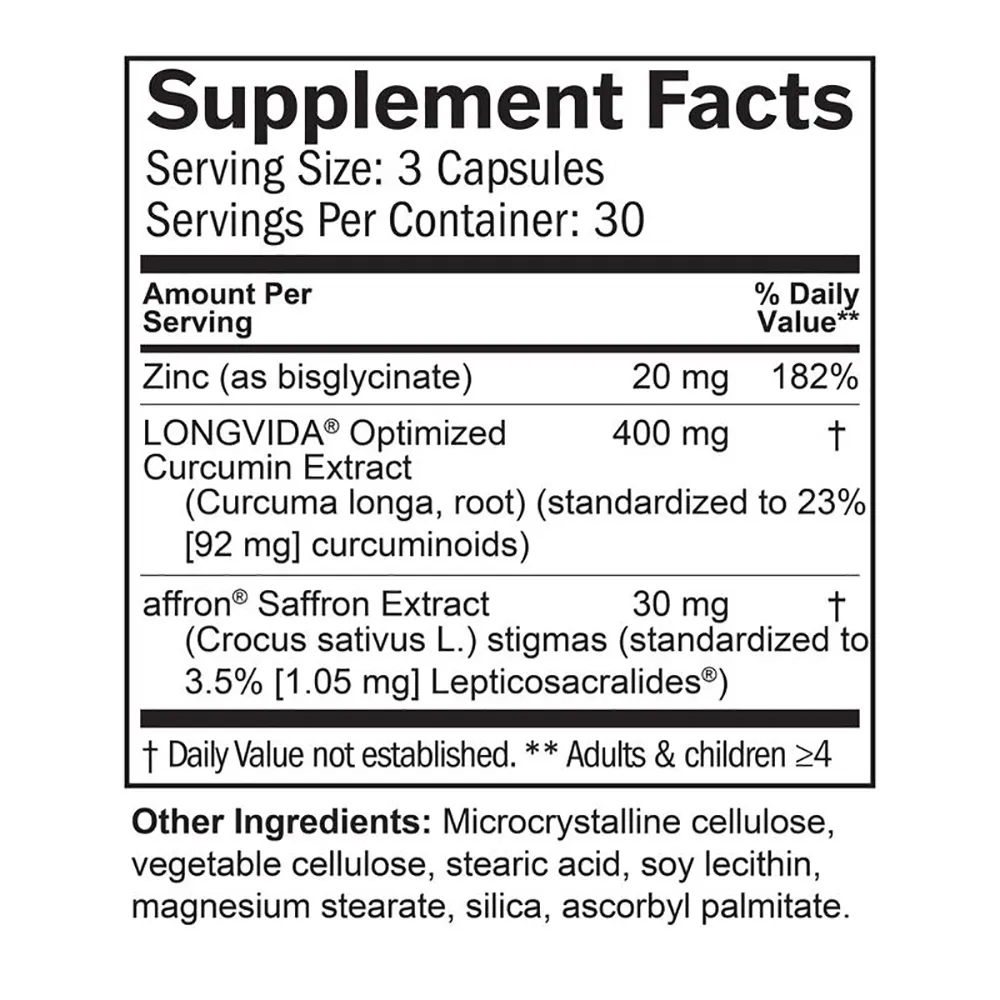 Happy Saffron Plus Supplement for Mood Memory - 90 Capsules - with Saffron Flower Extract Curcumin & Zinc - Vegan Gluten Free