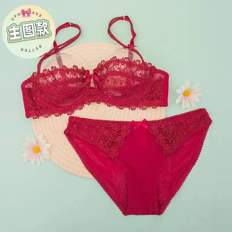 Sexy Lace Bra Set Women Plus Size Sheer Half Cup Push Up Lingerie Ultra Thin Transparent Concealed Nipple Underwear Hot