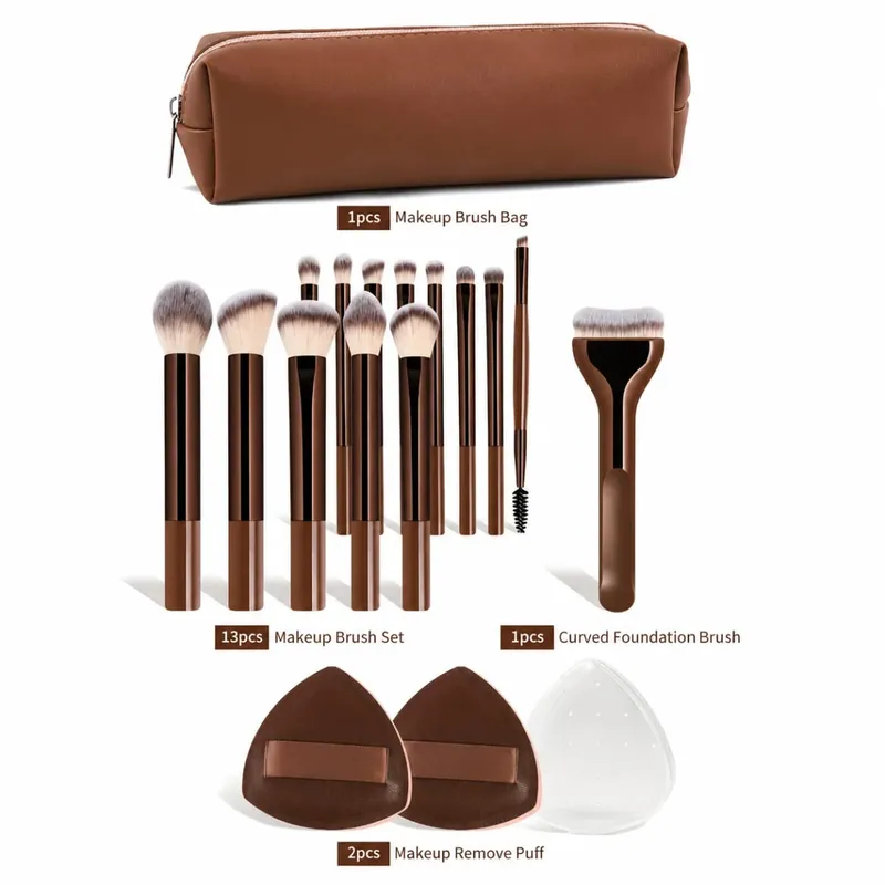17-teiliges Make-up-Pinsel-Set mit Tasche und 2-teiligem Puff-Foundation-Pulver-Erröten-Lidschatten-Augenbrauen-Lippen-Pinsel-Reise-Schönheits-Werkzeug-Geschenk