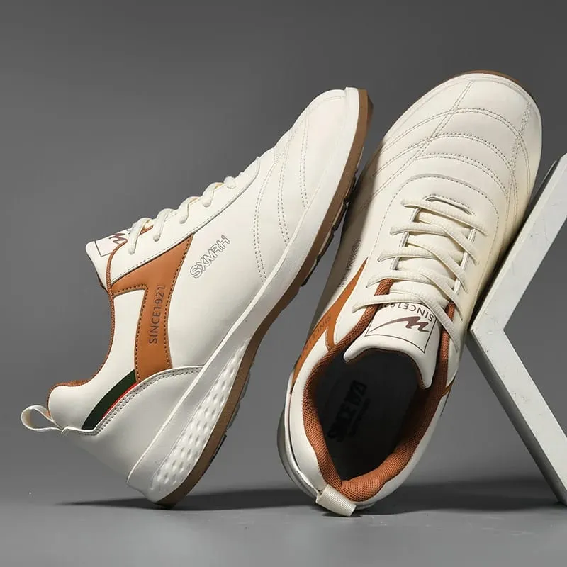 Double Star Men's White Leather Casual Sneakers Lightweight Breathable Non-slip Walking Sport Shoes