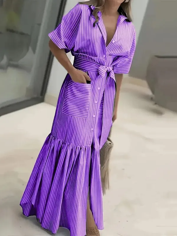 Striped Short Sleeved Loose Mid Length Lace Up Waist Dress With Single Breasted Pocket Shirt Dresses For Women Ropa Mujer