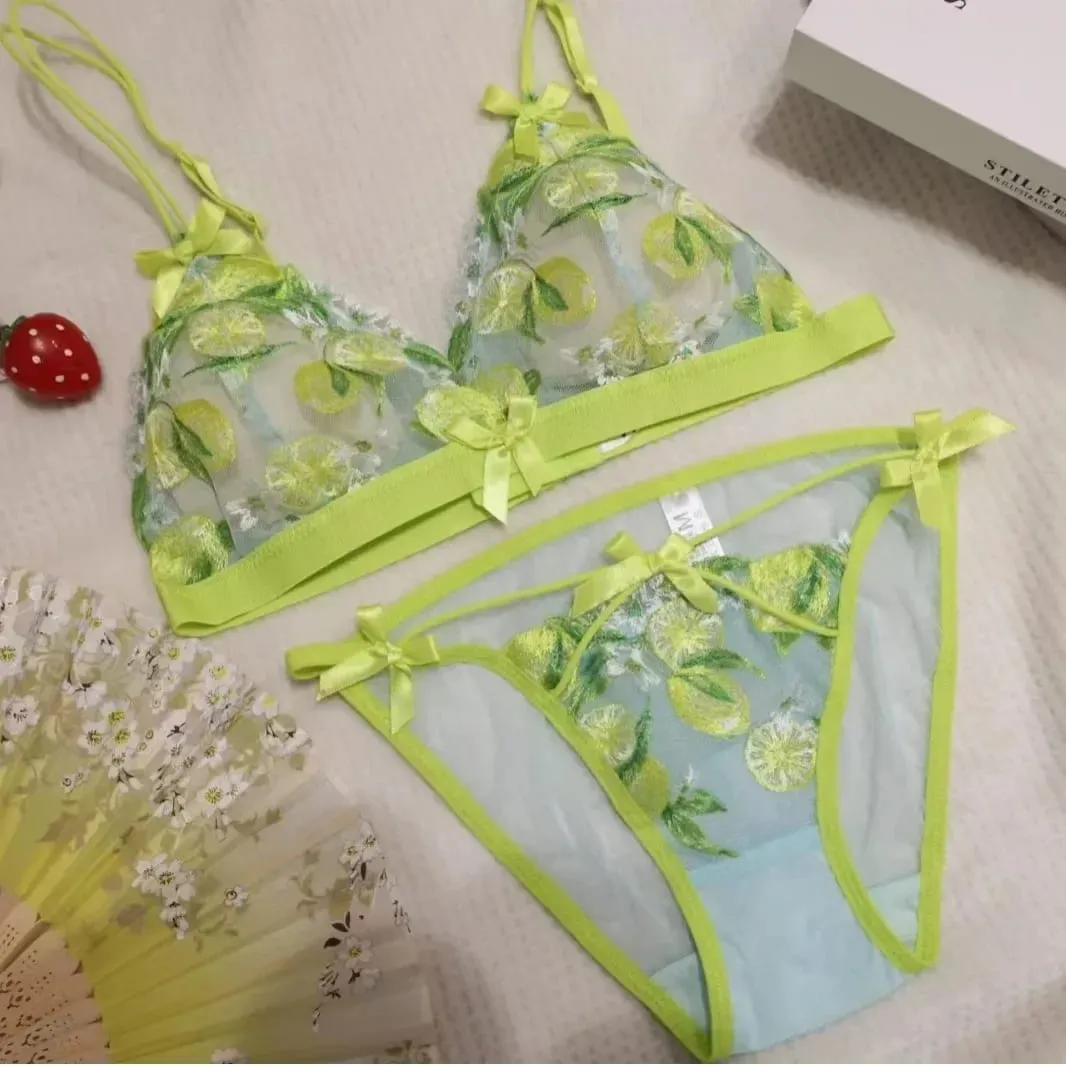 Conjunto de bralette de renda sexy para mulheres copo triangular sem fio lingerie confortável