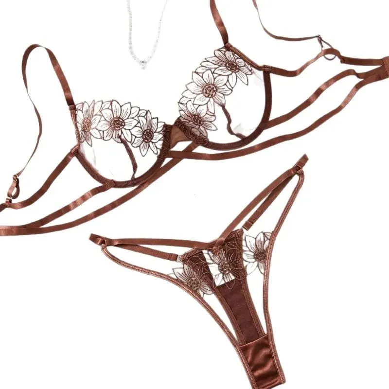 High-End Floral Embroidered Underwire Bra Set Women's Mesh Unlined Bra + Panties