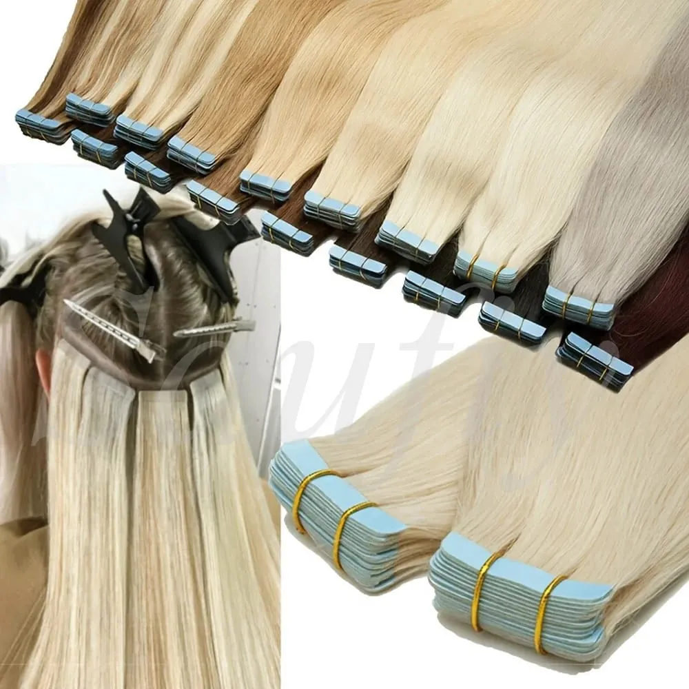 Blonde Tape In Hair Extensions Human Hair 20pcs/Pack Straight Natural Black Blonde Brown Tape Ins Hair Extensions 12-20inches Seamless Double Side Skin Weft Tape In Hair For Women