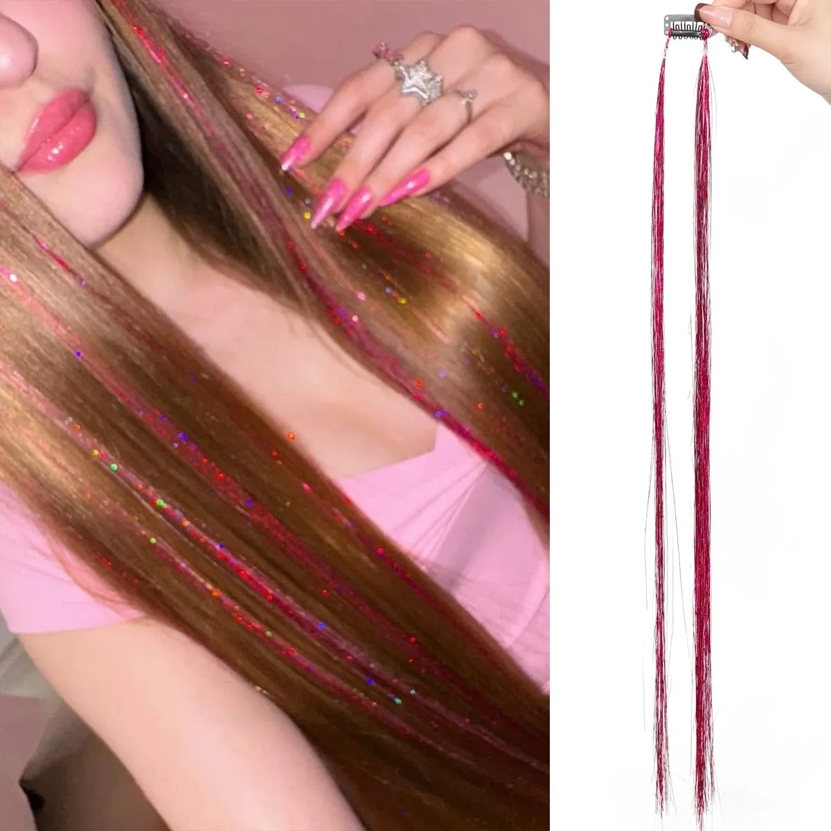 24 inch 1Pcs Colored Hair Extensions with Tinsel Long Straight Hairpiece Color Party Highlights Clip in Synthetic Hair Extension