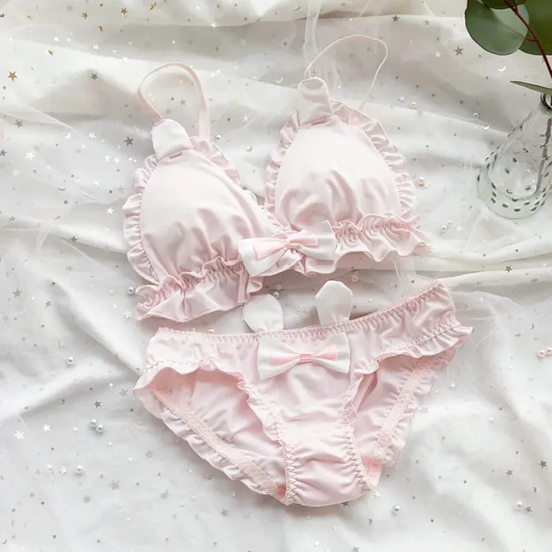 Conjunto de sutiã japonês macio para meninas, design de pata de gatinho fofo, tecido de seda de leite, copo triangular sem fio, lingerie feminina