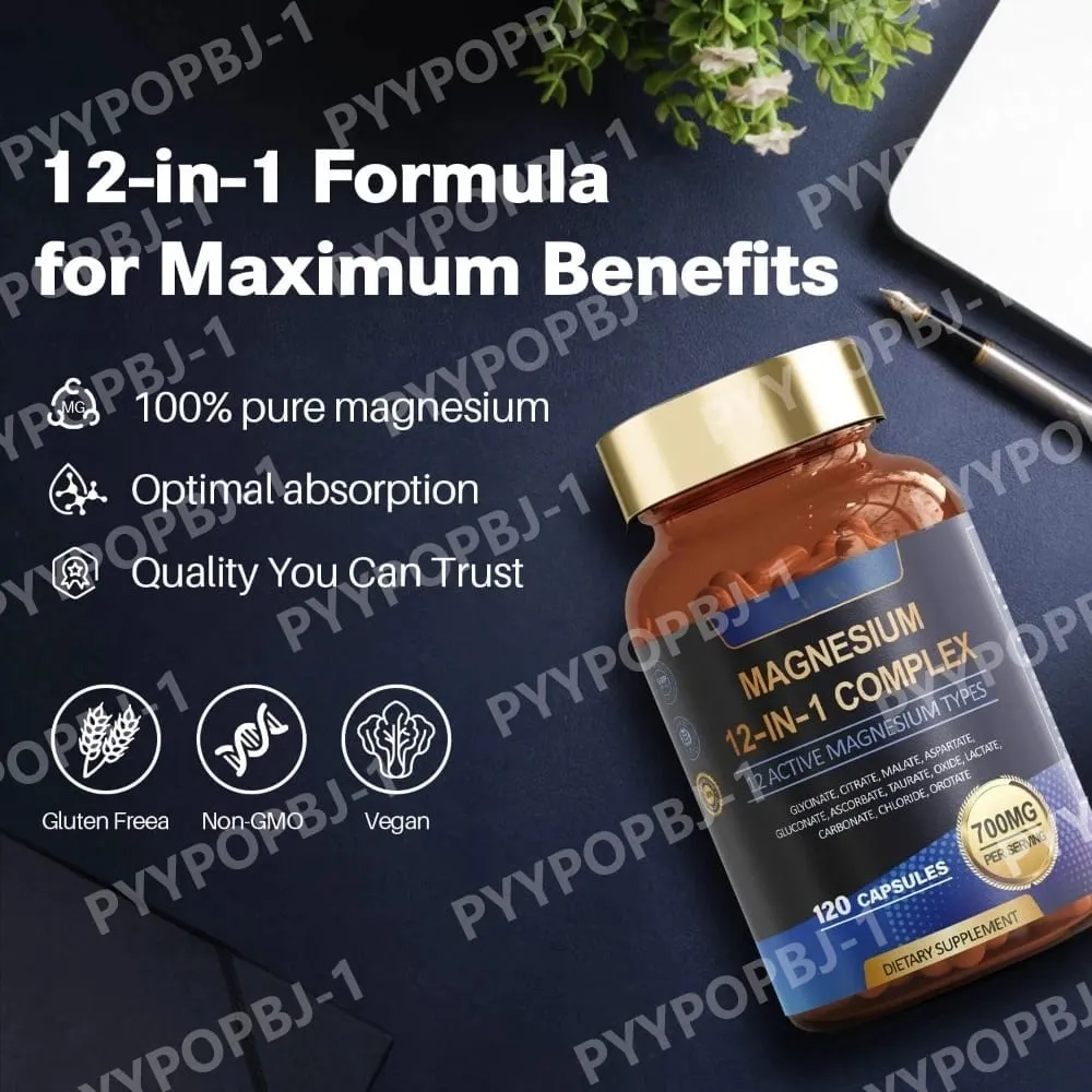 Complexe de magnésium 700 mg Supplément de magnésium 12 en 1 avec glycinate citrate oxyde de malate taurate aspartate orotate de magnésium
