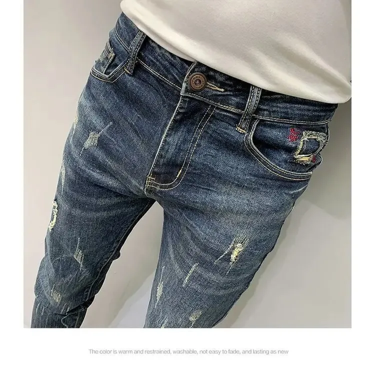 Harajuku Fashion Autumn New Blue Jeans Men's Trendy Brand Scratches Cargo Work Korean Slim-fitting Trousers Luxury Elastic Pants