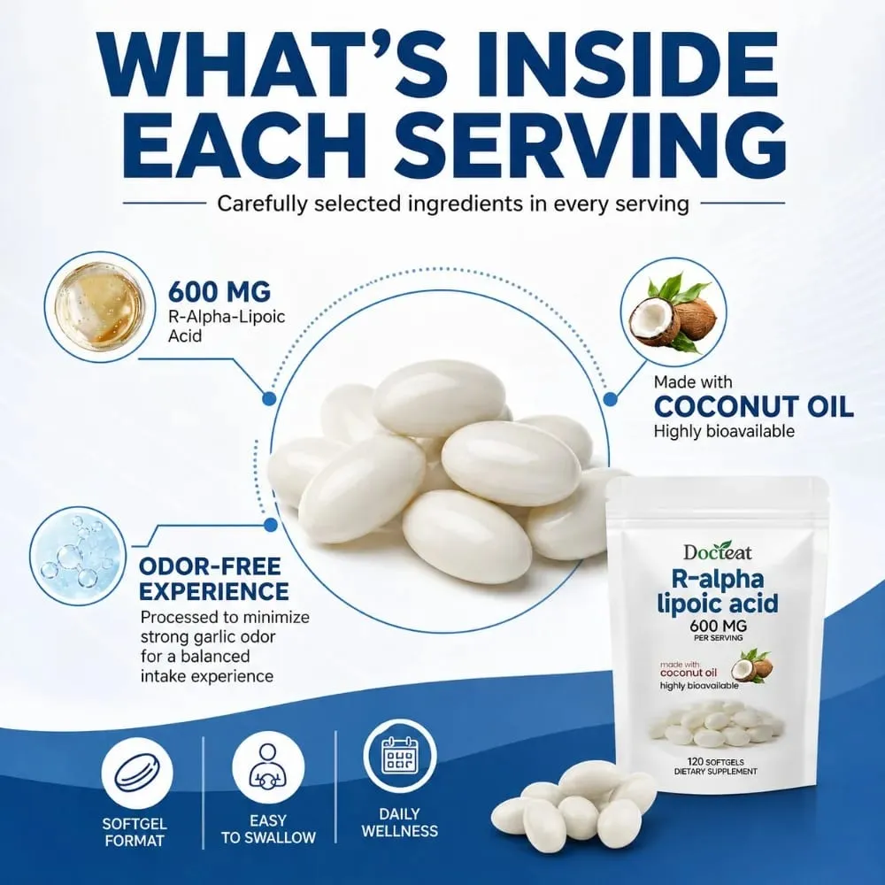 R-Alpha Lipoic Acid Softgels 600 mg Per Serving 120 Count Made with Coconut Oil Convenient Daily Wellness Nutritional Support