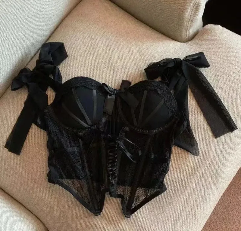 Lace Thin X Sexy Fishbone Bra Set with Small Chest Gathered and Anti Sagging Support Comfortable Soft Steel Ring Bra Set