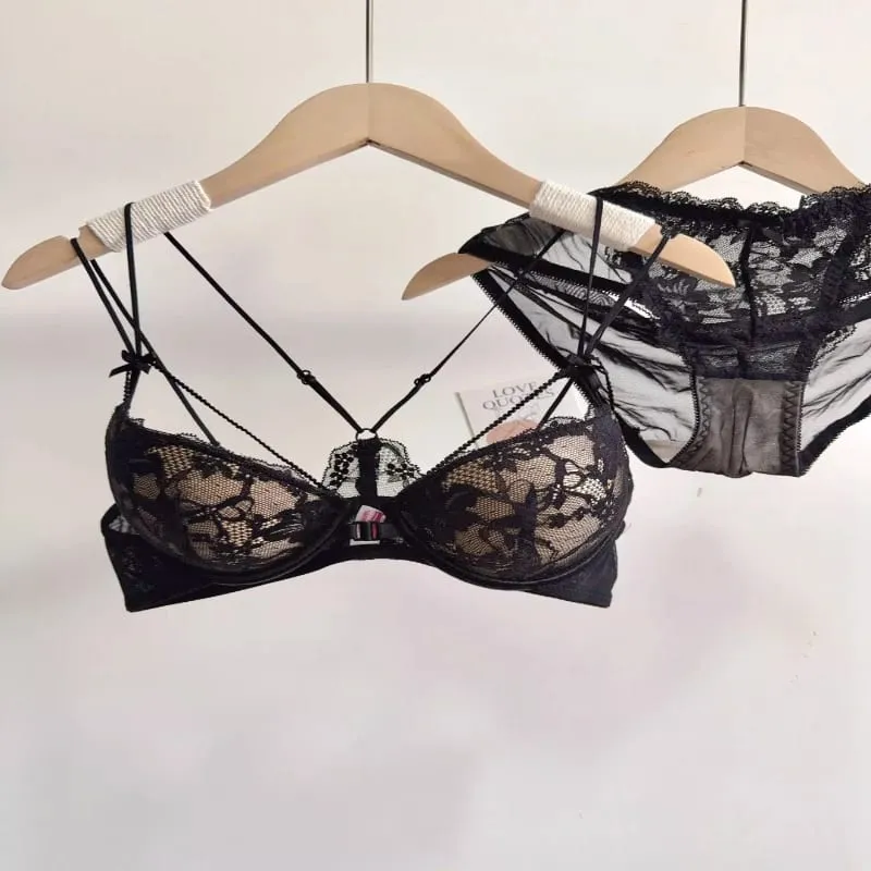 Conjunto de Lingerie Feminina com Fecho Frontal Sutiã Push-Up Sem Aro Com Bojo Fino Alças Delicadas Sexy e Requintado