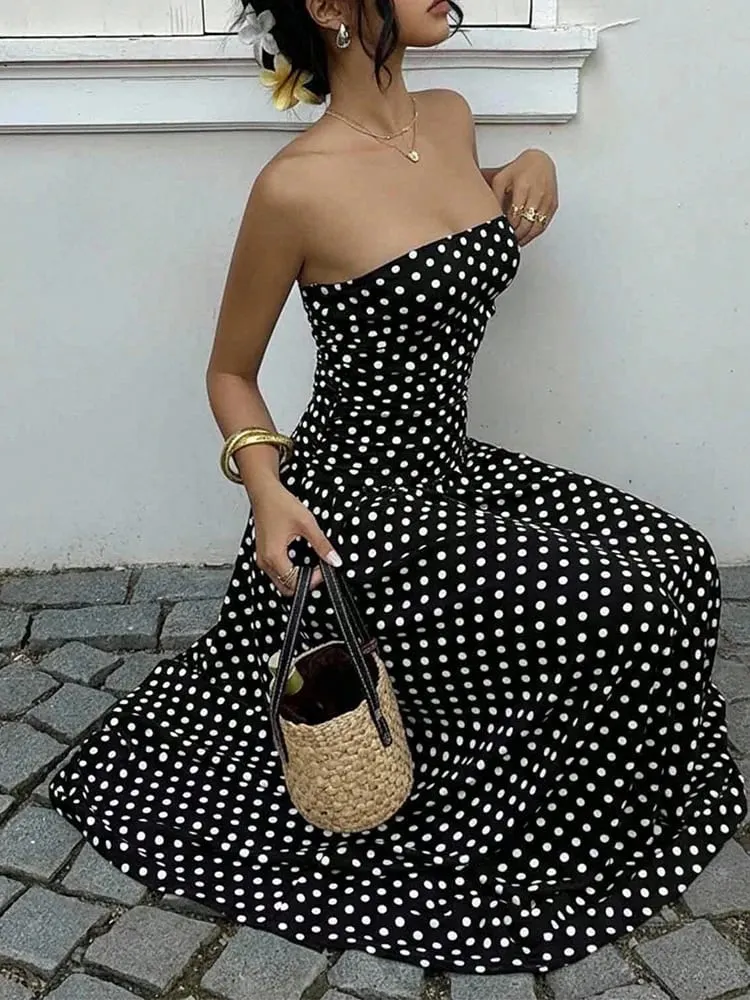 Summer Polka Dot Vintage Strapless Sleeveless Long Prom Dress Women Fashion Off Shoulder Slim Ruffles Tube Maxi Dresses Elegant