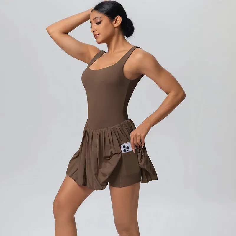 New Lifting Sports Jumpsuit Tennis Skirt With Pockets Yoga Womens Dresses Breathable Naked Feel Backless Female Sportswear