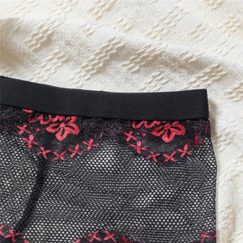 Men Lace Jacquard Mesh Boxer Shorts Underwear Hollow Temptation Exotic Trunks Silk Soft Quick Dry Breathable Sexy Panties