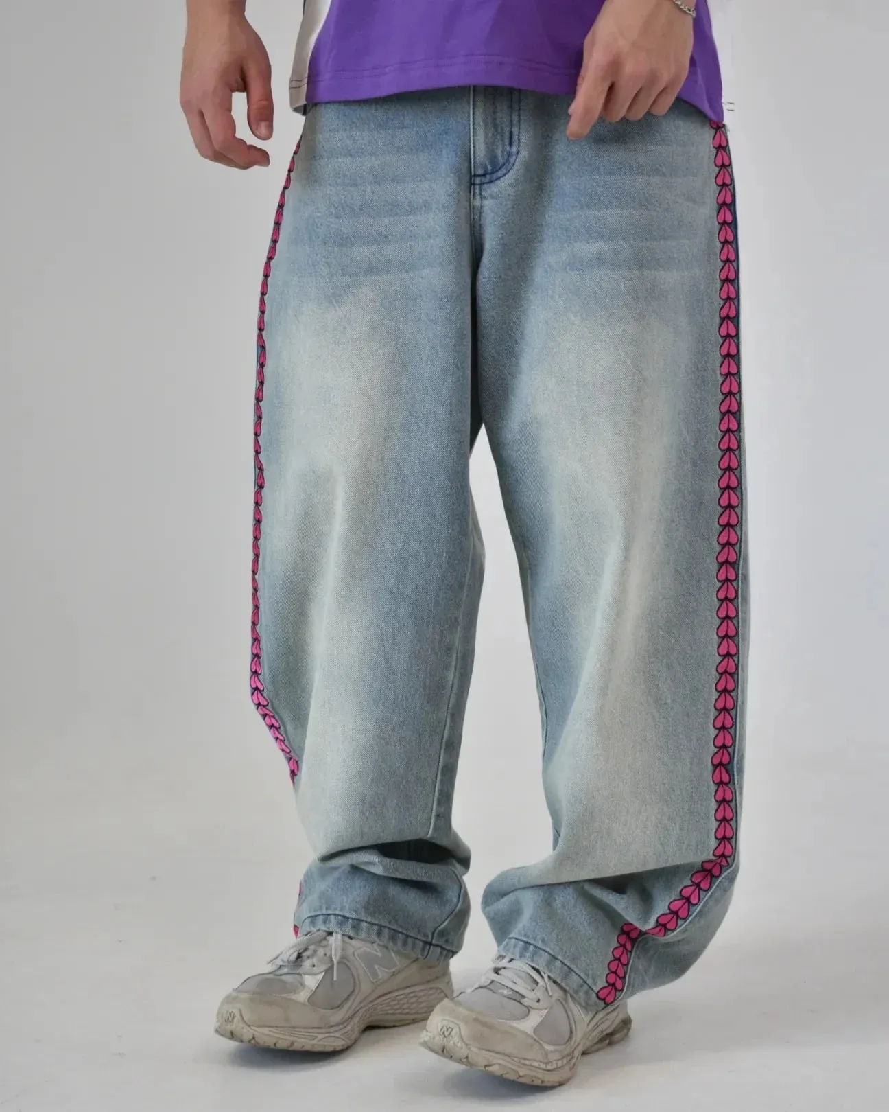 Y2K Anime JoJo Street High Waisted Loose Jeans Pink Heart-shaped Embroidery Loose Washed Denim Pants Wide Leg Pants