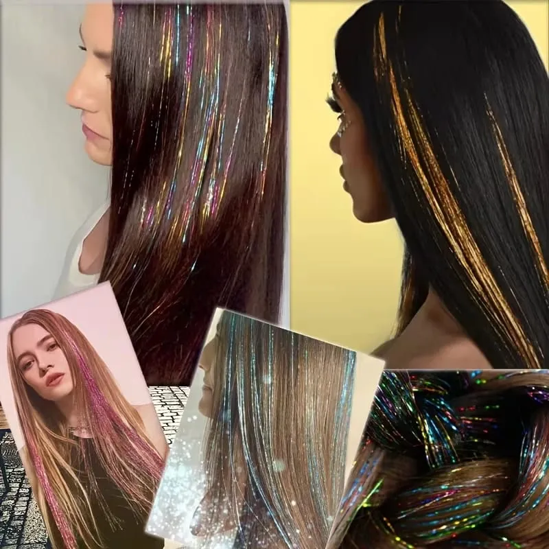 Synthetic Rainbow Tinsel Hair Extensions Clip In Shiny Glitter Wig Hairpiece for Women Party Cosplay Daily DIY Hair Accessory