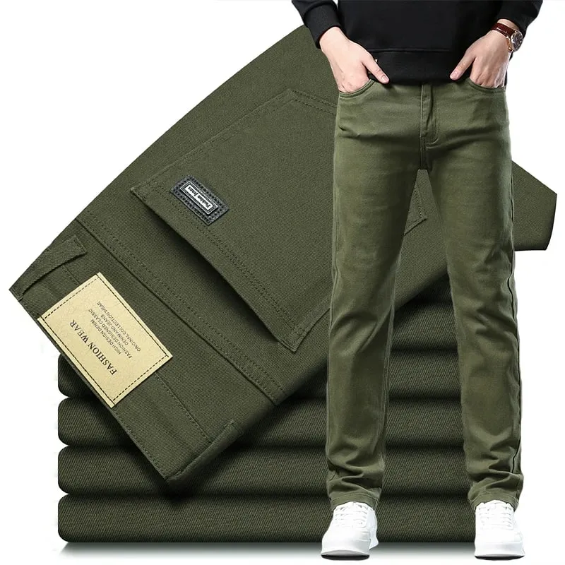 ArmyGreen Elastic Cotton Jeans Men's Spring Fashion Slim Straight Denim Pants Comfort Large Size Korean Business Casual Trousers