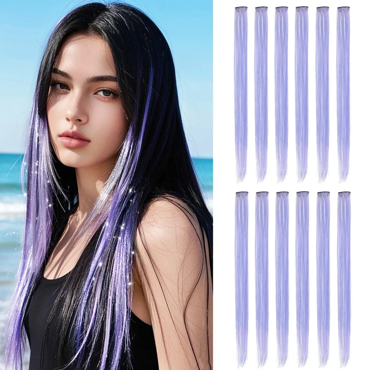 Synthetic Clip in Hair Extensions 12pcs/pack Clip in Colorful Hair Mixed Tinsels Glitter Hairpices for Women Girls Daily Party