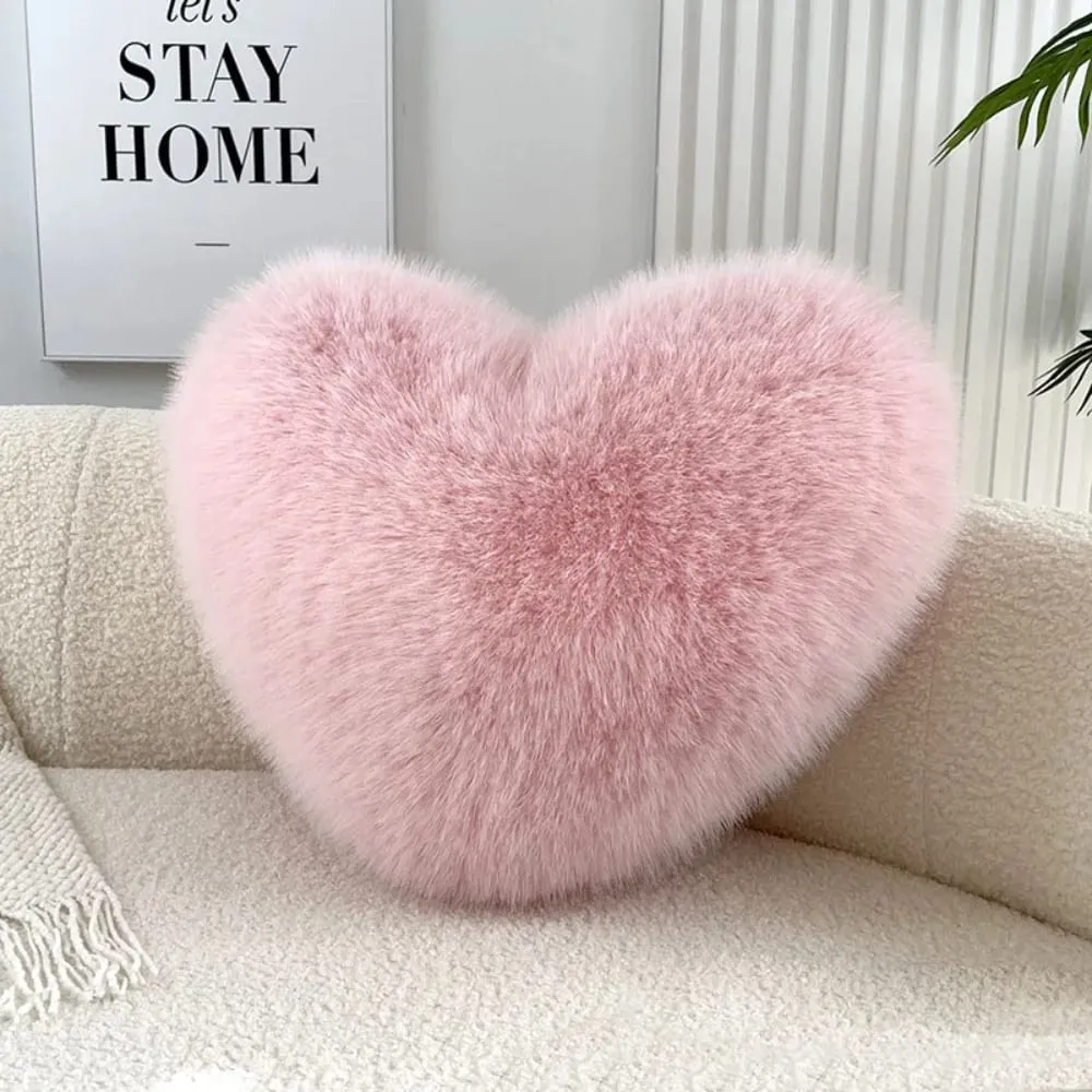 New Fur Heart Pillow Pink Color PP Cotton Heart Plush Pillow Fluffy Love Heart Shaped Stuffed Pillow for Birthday