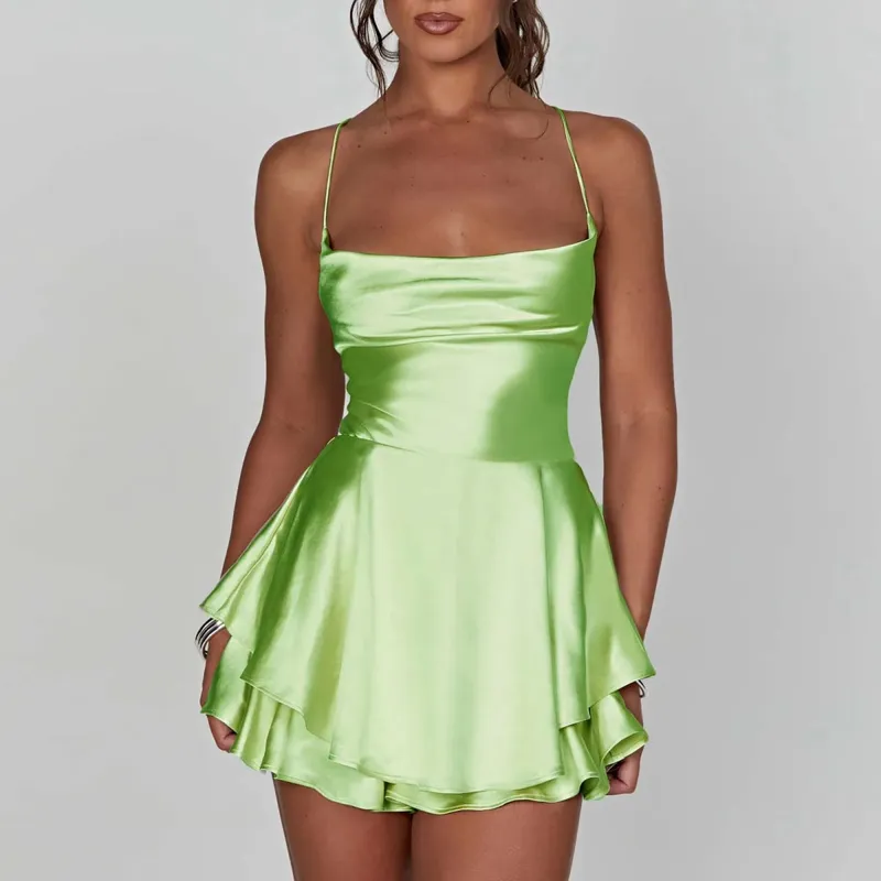 Satin Silke Kvinder Sexet Cami Playsuits Kjole Solid Cowl Neck Ærmeløse korte jumpsuits Sommer Cross Tie-Up Rygløs Romper