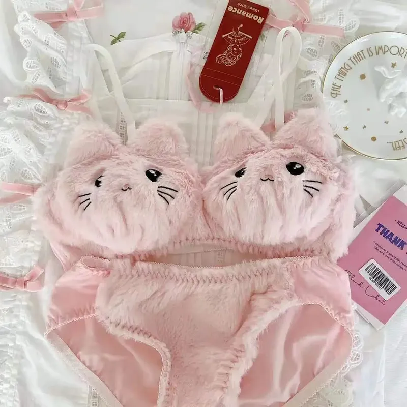 Japanse Kawaii Pluche Vrouwen Bh Set Schattig Meisje Kat Comfortabele Bh Set Cartoon Ondergoed Mooie Zachte Student Lingerie