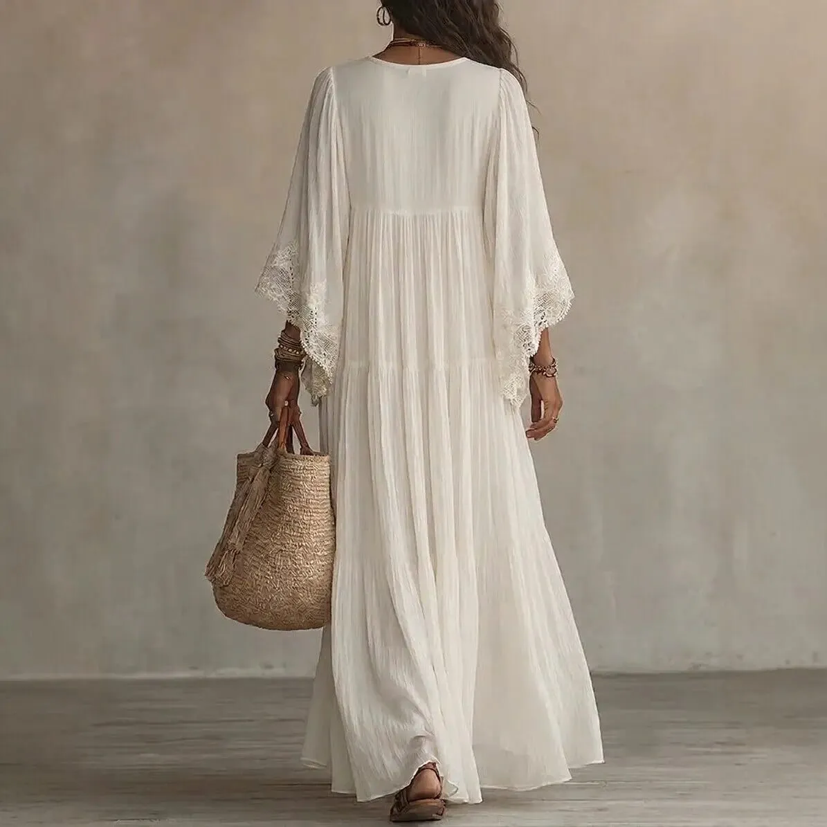 Summer Elegant Solid Dresses Womens Casual Lace Trim V Neck Flowy Maxi Dress Beach Holiday Party Maxi Dresses Robe Vestidos