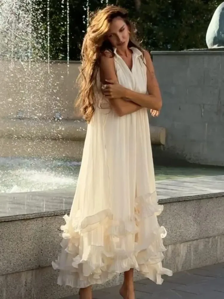 Solid Multi-layer Ruffled Maxi Dress Women Elegant Sleeveless Off-shoulder High Waist Dresses Lady New Chic Vacation Party Gowns