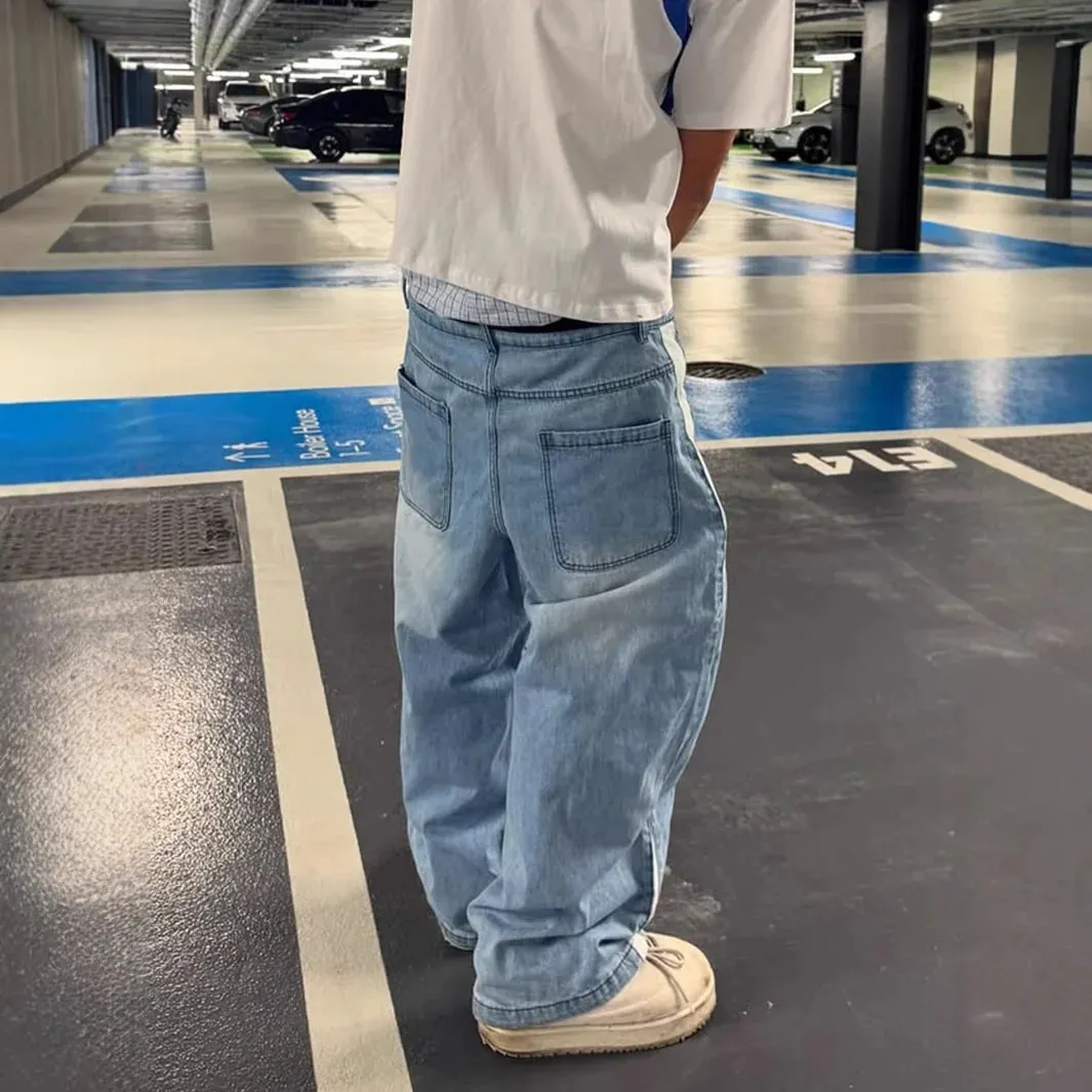 Wide Leg Jeans Men Straight Pants Vintage Patchwork Washed Distressed Mid Waist Pockets 2025 Streetwear Denims Loose Trousers
