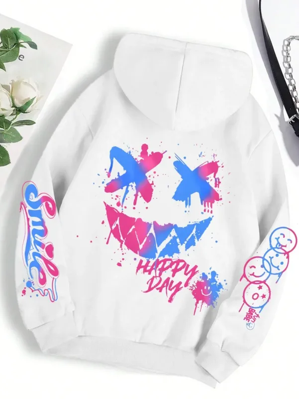 New Autumn Men's Personalized Smiling Face Print Comfortable Breathable Hooded Sweatshirt Outdoor Street Fashion Hooded Sweatshi