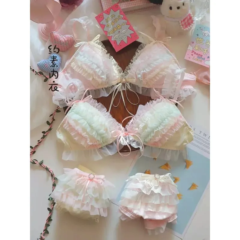 Japanese Style Lolita Princess Lingerie Set Women Pure Desire Cake Layer Lace Mesh Cotton Crotch Party Bra And Panty Set Cute